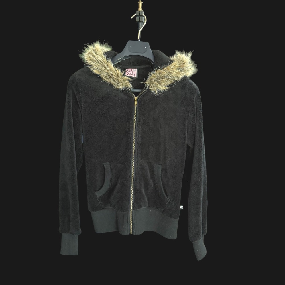 LA Kitty Black Fleece Faux Fur Trim Hooded Zip Up Jacket Small Y2K Style